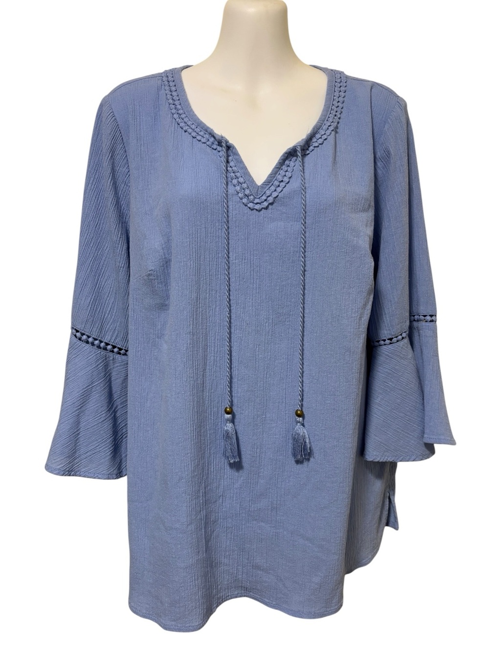 D & Co Denim & Company Gauze Bell Sleeve Blue Tassel Peasant Tunic Top
